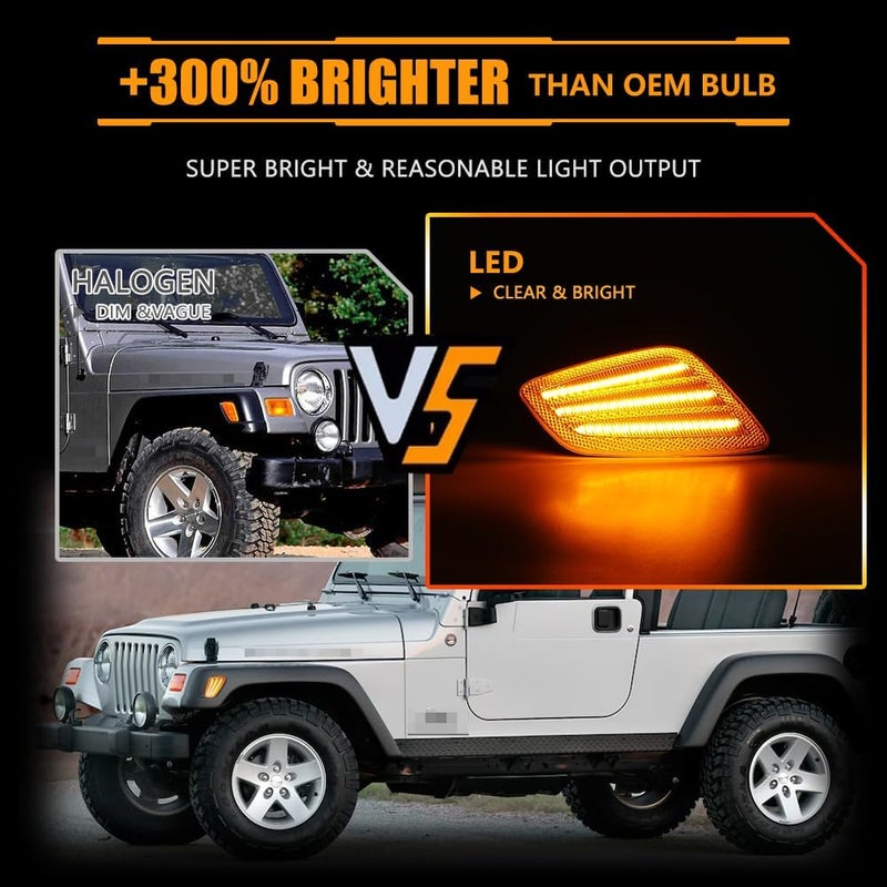 OFFKAT Sequential Front Fender LED Side Marker Lights for 1997-2006 Je-ep Wrangler TJ, TJ Clear Lens Side Bumper Marker Lamps, [Ultra-Bright] Amber LED Side Markers Turn Signal Lights, 2 PCS - Image 2